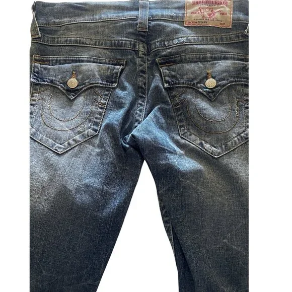 True Religion Distressed Blue Denim Flap Pockets Men's Classic Skinny Jeans W31 - Picture 6 of 7